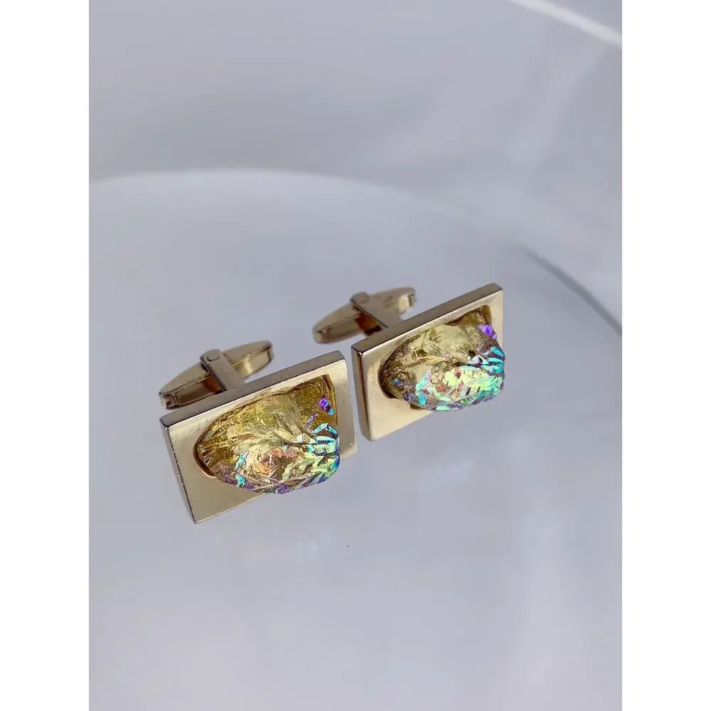 Dichroic Art Glass Nugget Gold Tone Cufflinks Molded Foster Iridescent Vintage
